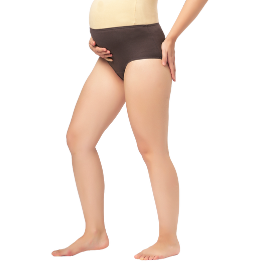 Mumchief High Waist Brown Soft Cotton & Lycra Over The Belly Fit Maternity Panties For Women