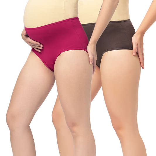 Mumchief High Waist Set of 2 Soft Cotton & Lycra Over The Belly Fit Maternity Panties For Women (Brown & Magenta)