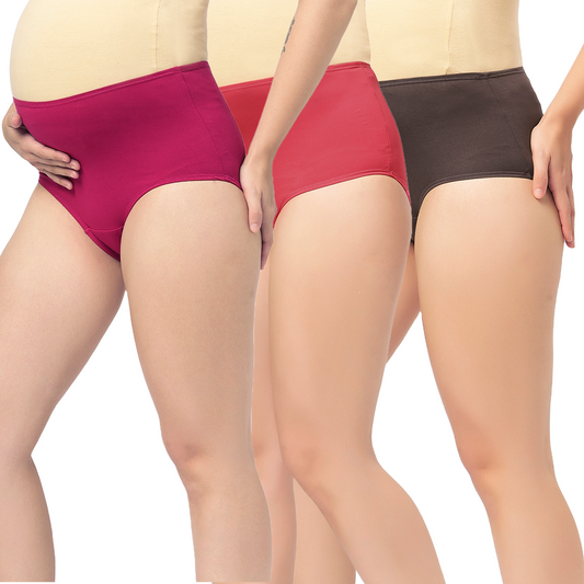 Mumchief High Waist Set of 3 Soft Cotton & Lycra Over The Belly Fit Maternity Panties For Women (Brown, Carrot & Magenta)