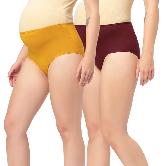 Mumchief High Waist Set of 2 Soft Cotton & Lycra Over The Belly Fit Maternity Panties For Women (Musturd & Maroon)