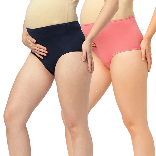 Mumchief High Waist Set of 2 Soft Cotton & Lycra Over The Belly Fit Maternity Panties For Women (Peach & Dark Navy Blue)