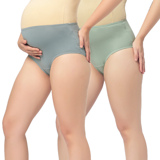 Mumchief High Waist Set of 2 Soft Cotton & Lycra Over The Belly Fit Maternity Panties For Women (Slate Grey & Pista Green)